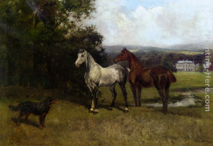 The Colonels Horses and Collie painting - John Emms The Colonels Horses and Collie art painting